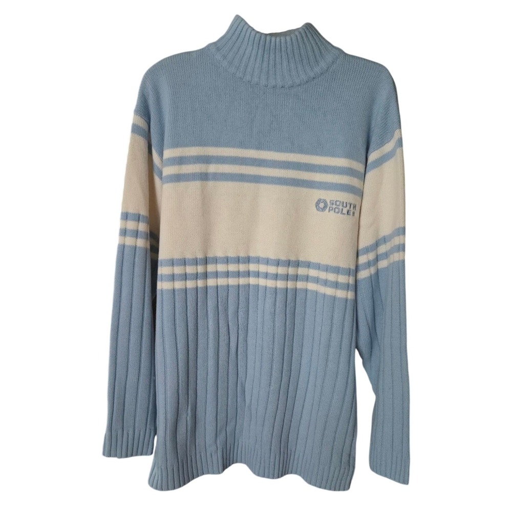 Vintage Y2K Southpole Striped Mock Neck Sweater Blue White Mens L Skater Hip-hop